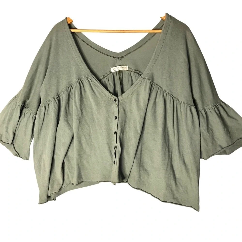 We The Free FP Cropped Boho Button Down Top Sz S Flowy Oversized Green Cotton